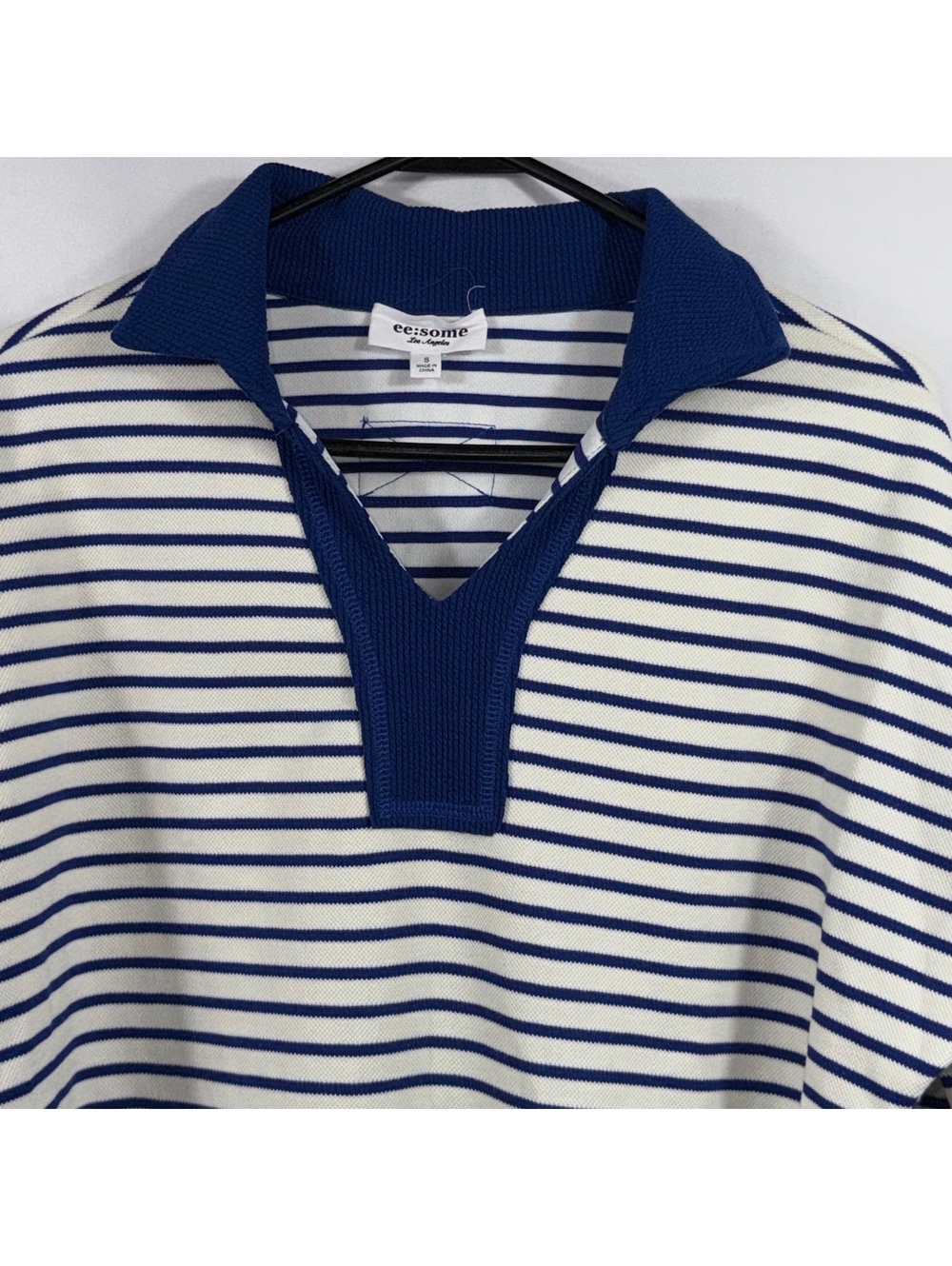 ee:some Los Angeles Striped Cropped Polo Sweater Small Blue Ivory - Picture 2 of 9